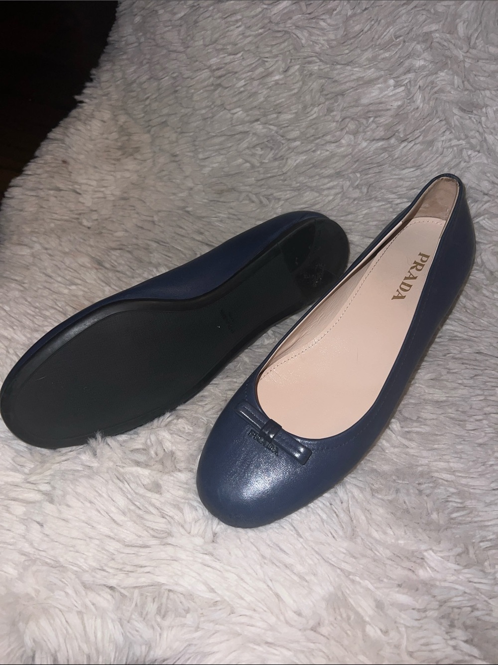 Prada Navy Leather Ballet Flats with Bow Trim - Picture 3 of 7